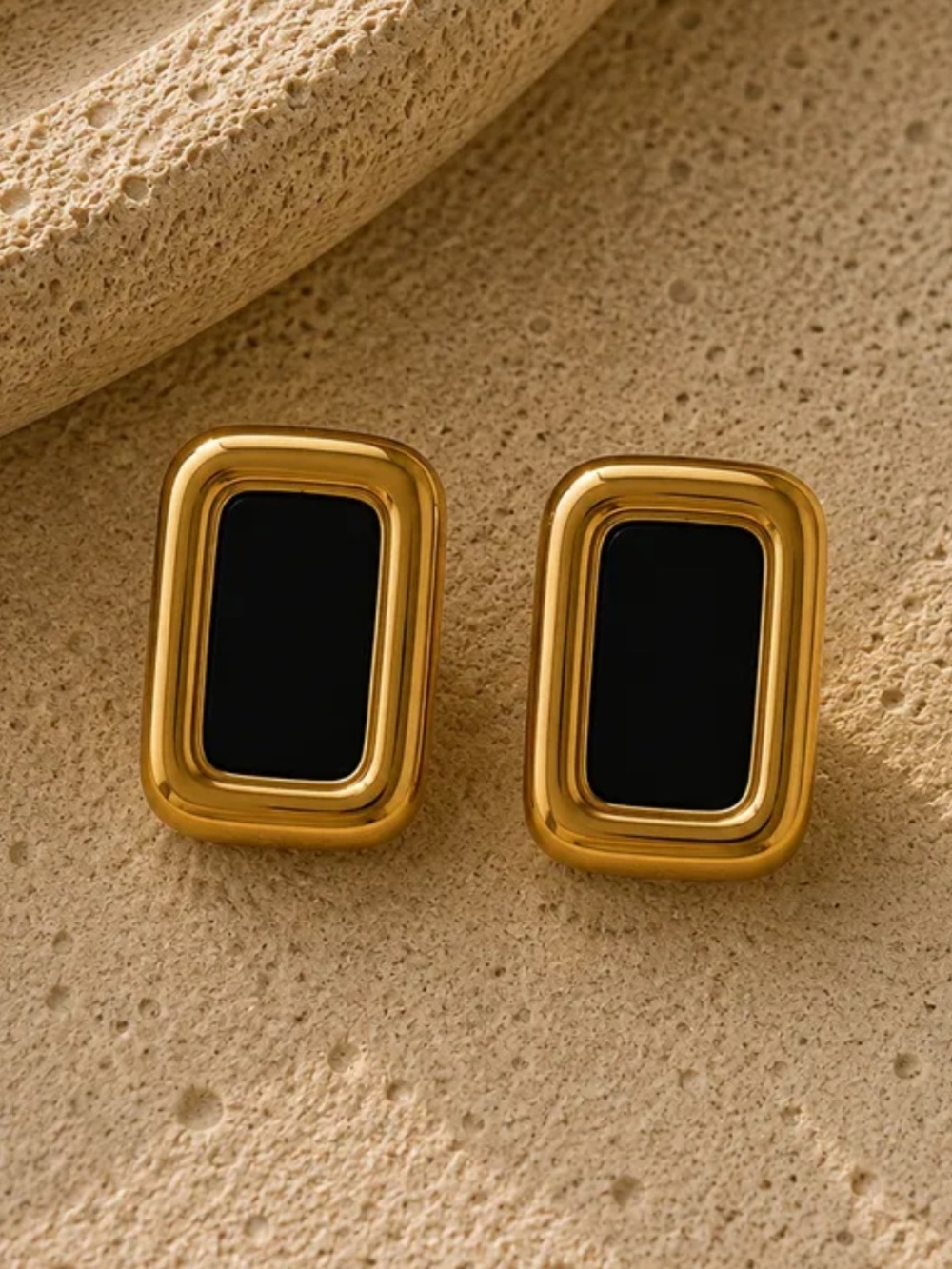 18 Kt Gold Plated Black Rectangular Statement Earrings - NWT